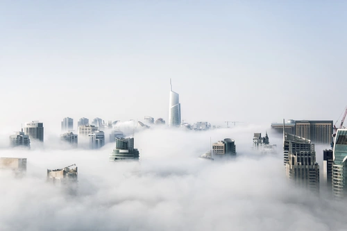 архитектура, здания, город, небо, облака, туман, башня, белые, серые