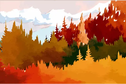 осень, рисунок, иллюстрация, деревья, лес, детские, оранжевые, горы, снег, белые, красные