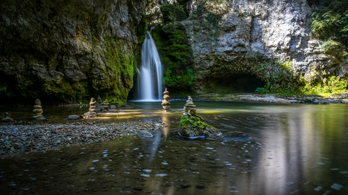 река, водопад, камни, баланс, коричневые, зеленые